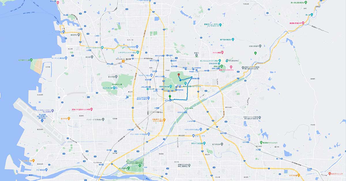 Route from Matsuyama-shi Station to Matsuyama Castle